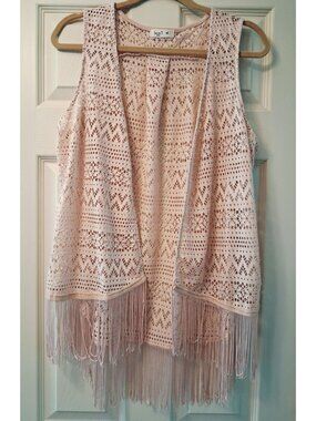 Love J Women's XL Beige Crochet Fringe Open Front Duster Vest 31 Long